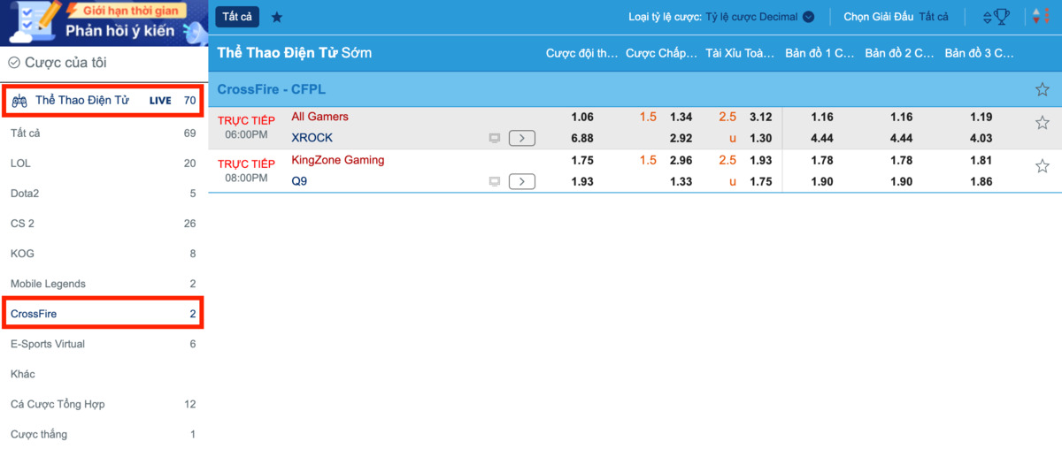 Chọn sảnh chơi cá cược game CrossFire