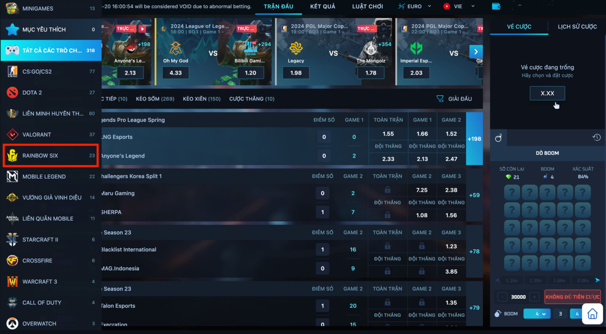 Đến sảnh chơi Esport chọn game Rainbow Six